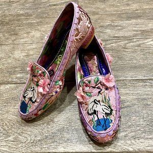 Irregular Choice Sakura Blossom Embroidered Crane Glitter Loafers Flats 5.5 Pink
